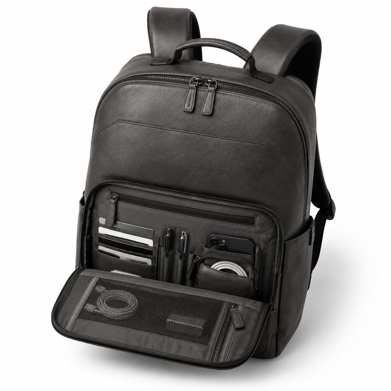 Top view showing zip closure of the leather backpack.