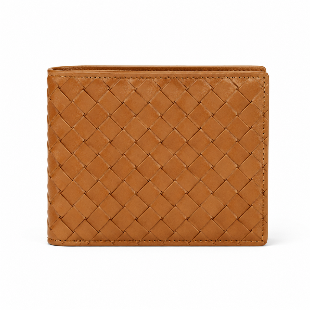 Front view of Modish-Vogue leather bifold wallet in tan
