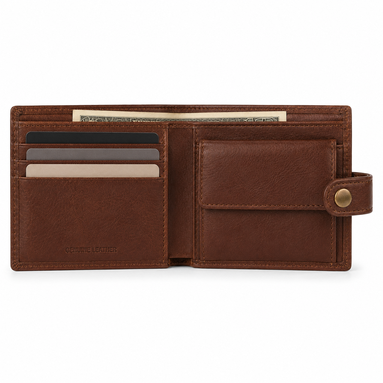 Brown leather wallet with snap closure on white background.