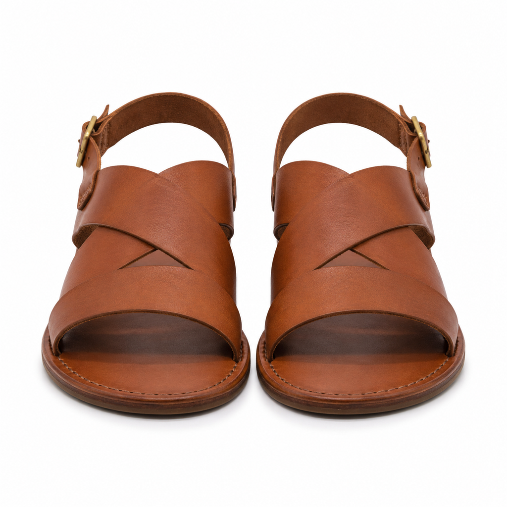 Front view of Modish-Vogue tan leather sandals with buckle strap.