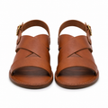 Front view of Modish-Vogue tan leather sandals with buckle strap.
