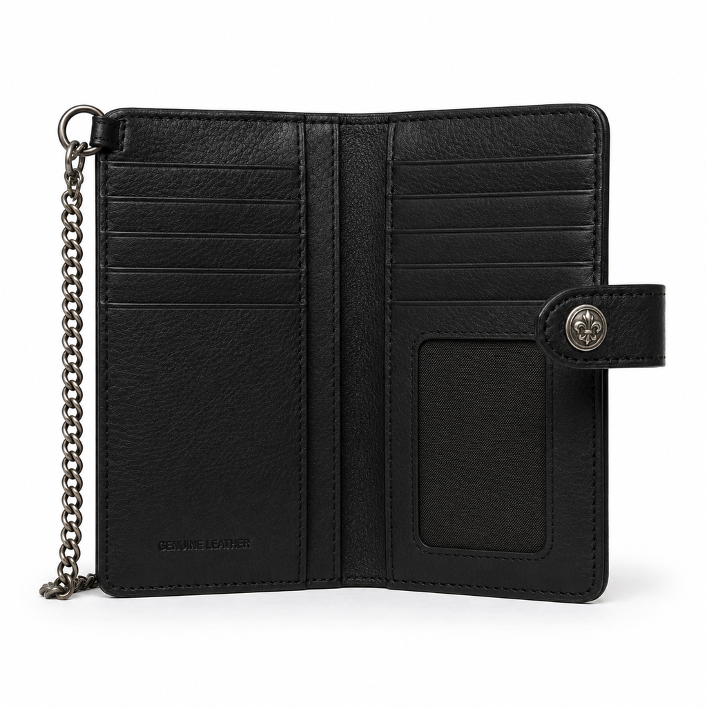 Side view showing wallet thickness and chain.