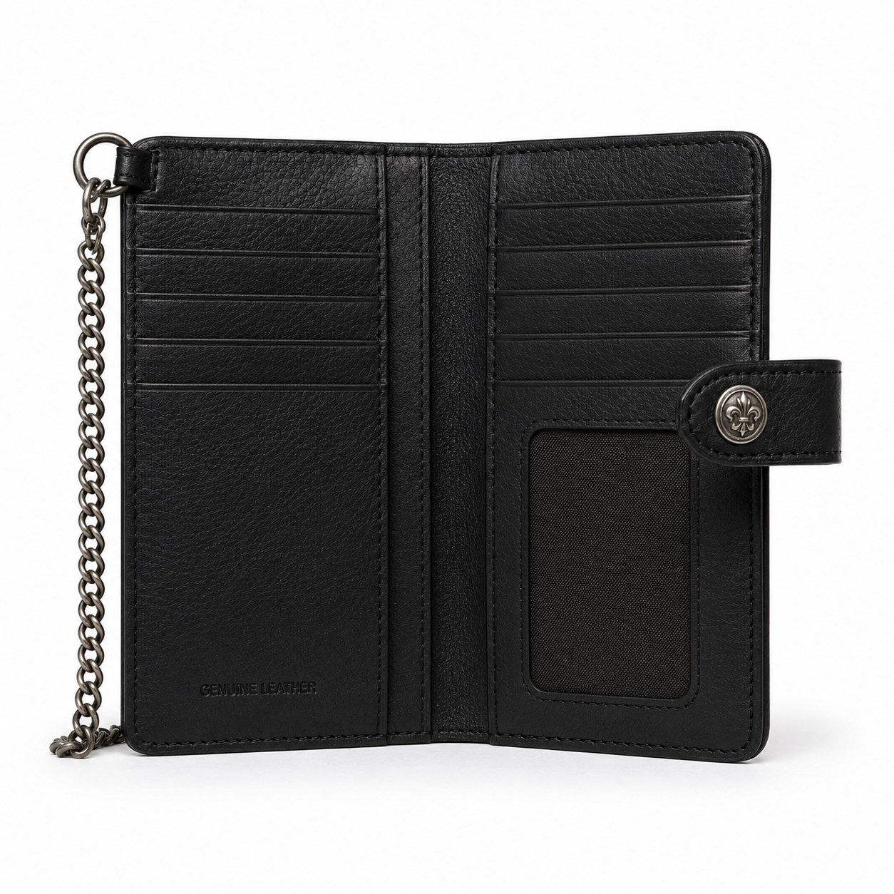 Side view showing wallet thickness and chain.
