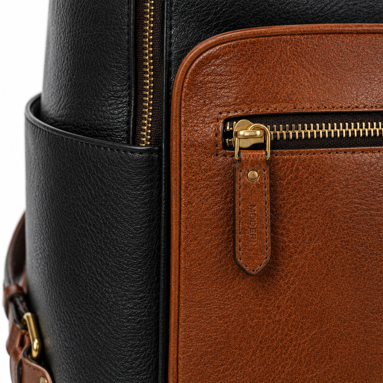 Detailed view of the leather texture on the backpack.