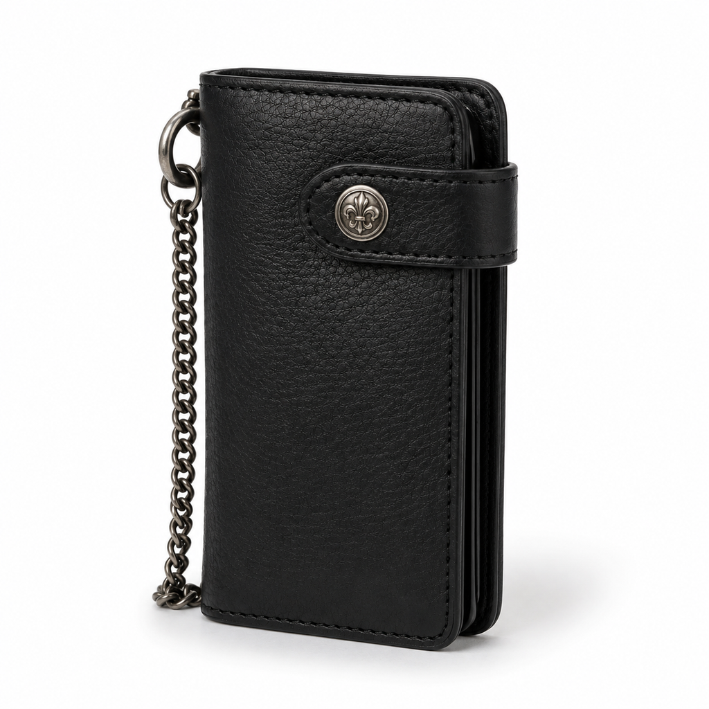 Close-up of snap closure on leather wallet.
