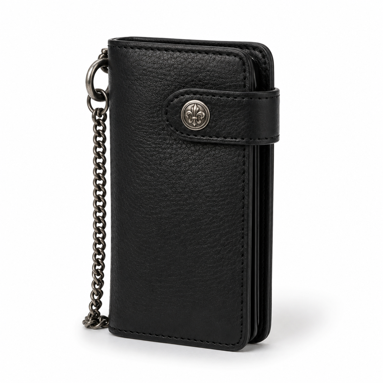 Close-up of snap closure on leather wallet.