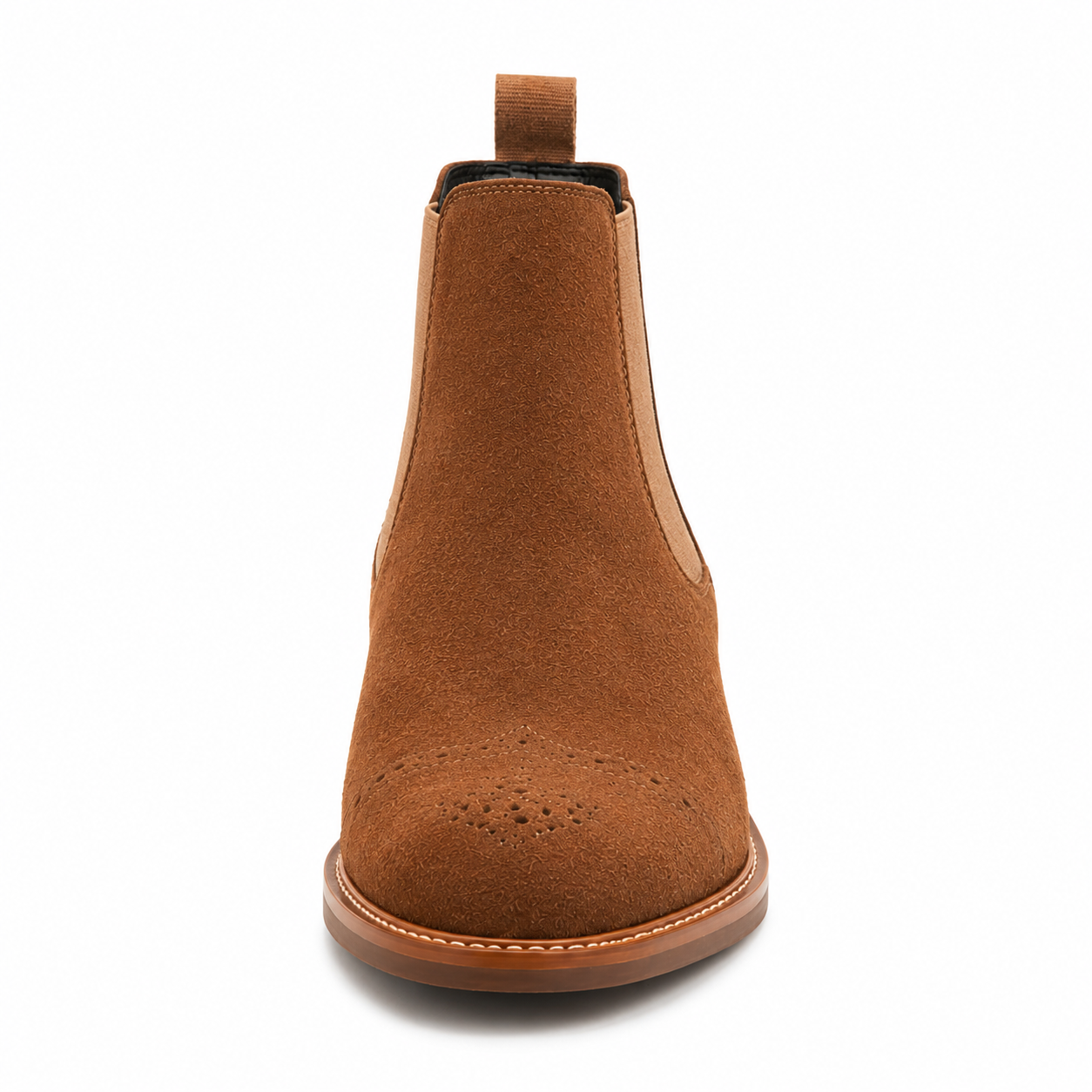 Men’s Tan Suede Chelsea Boots – Brogue Cap Toe Design