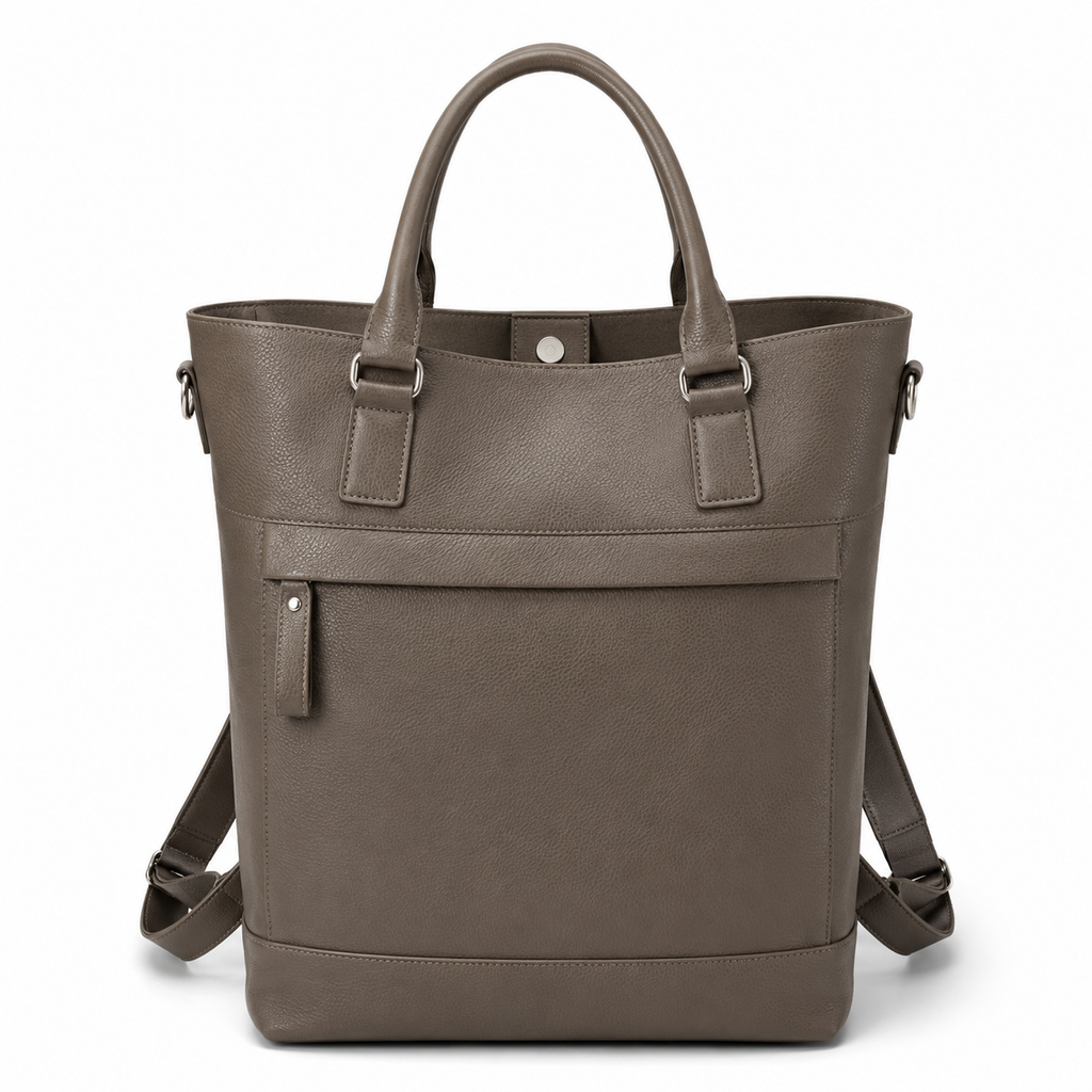 Front view of taupe leather tote bag with handles and straps.
