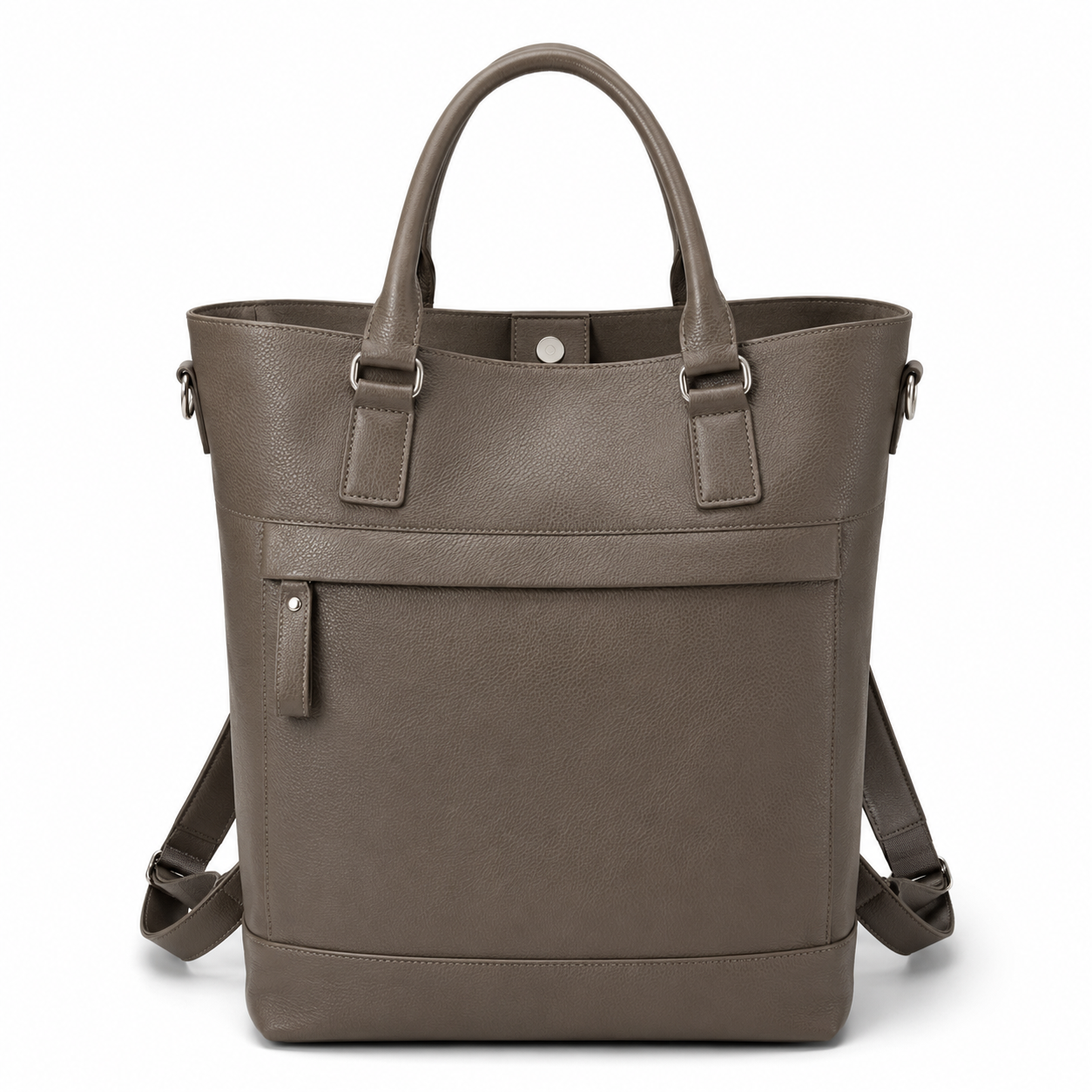 Front view of taupe leather tote bag with handles and straps.