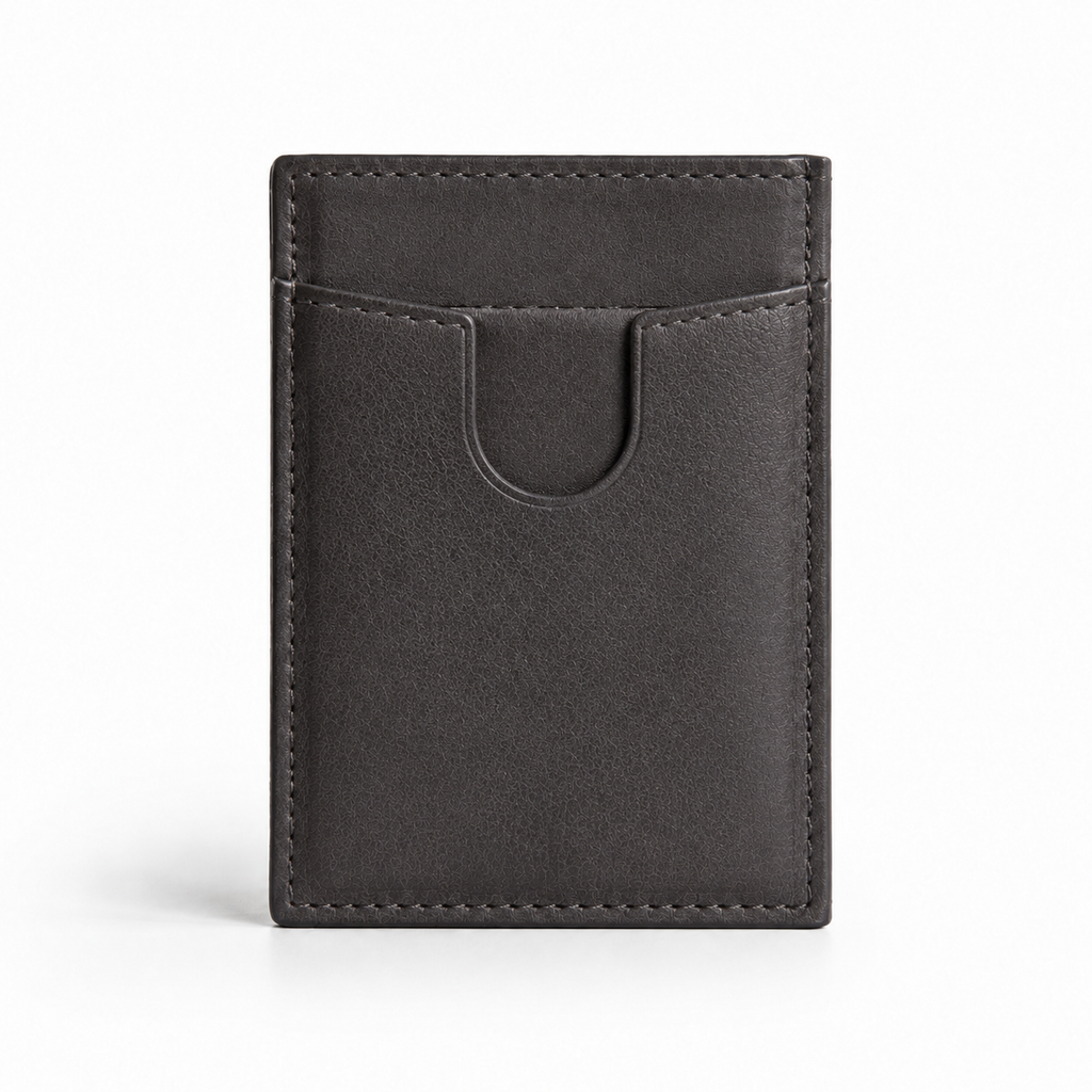 Back view of charcoal leather passport holder.