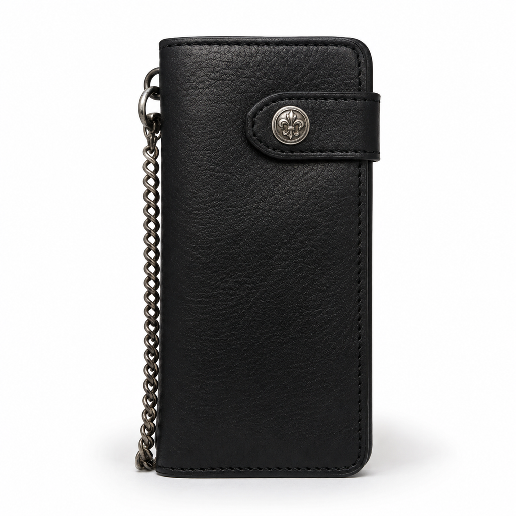 Front view of black leather wallet with chain.