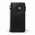 Front view of black leather wallet with chain.