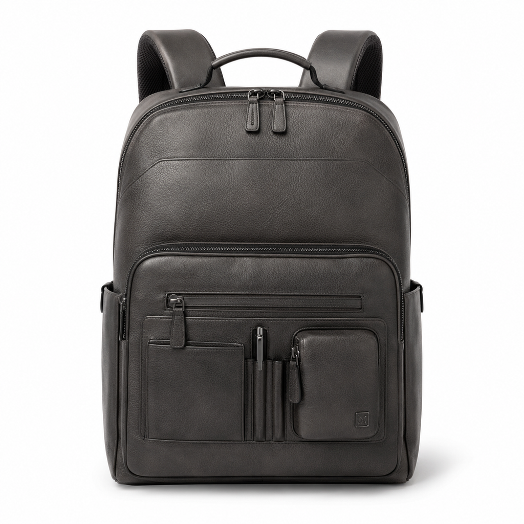 Front view of Modish-Vogue leather backpack in dark grey.