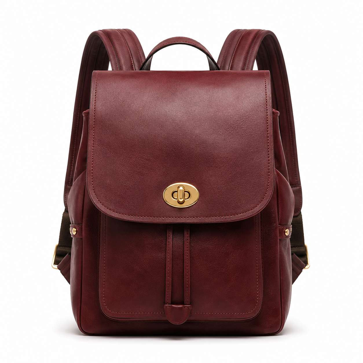 Front view of burgundy leather backpack with gold hardware.