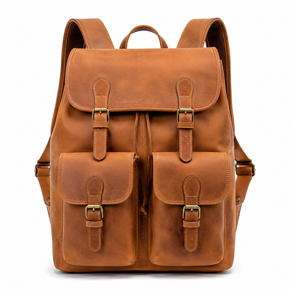 Front view of the brown leather backpack with pockets.