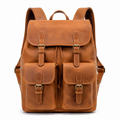 Front view of the brown leather backpack with pockets.