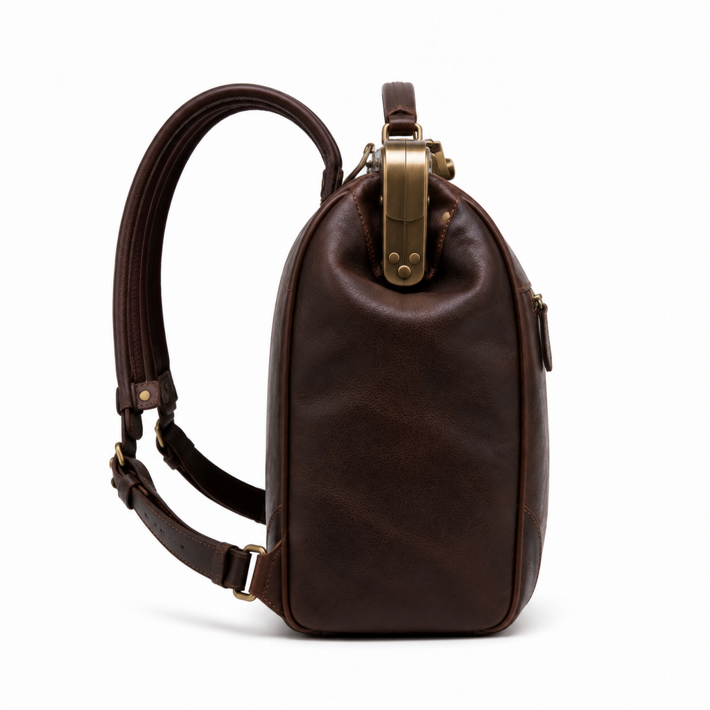 Close-up of backpack's brass frame and clasp closure.