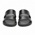 Front view of black leather double strap sandals.
