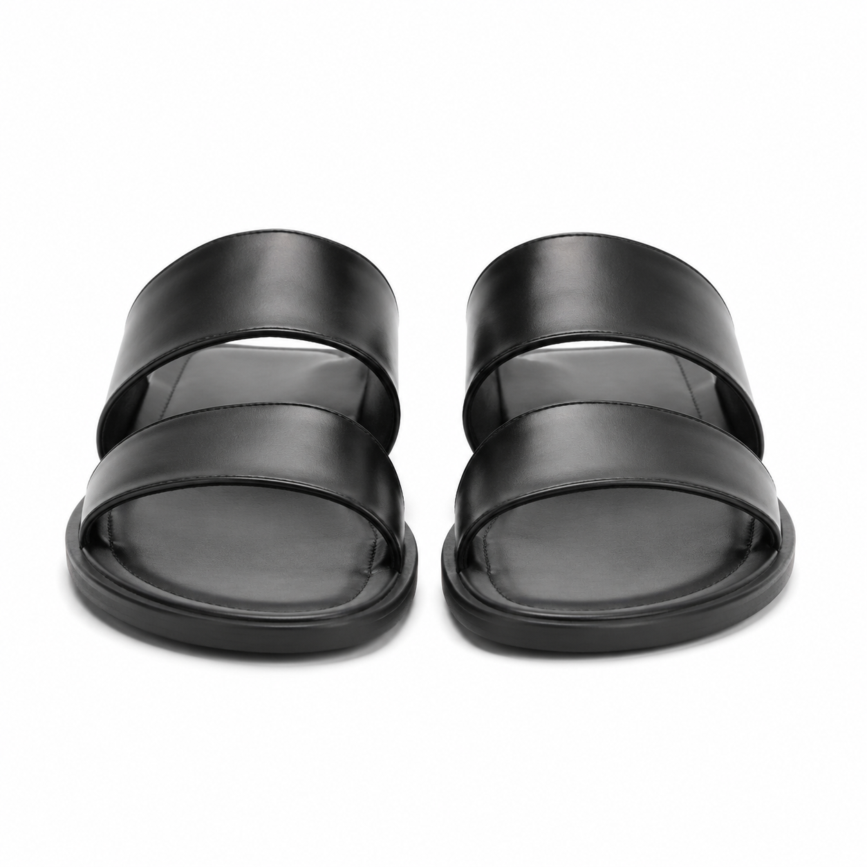 Front view of black leather double strap sandals.