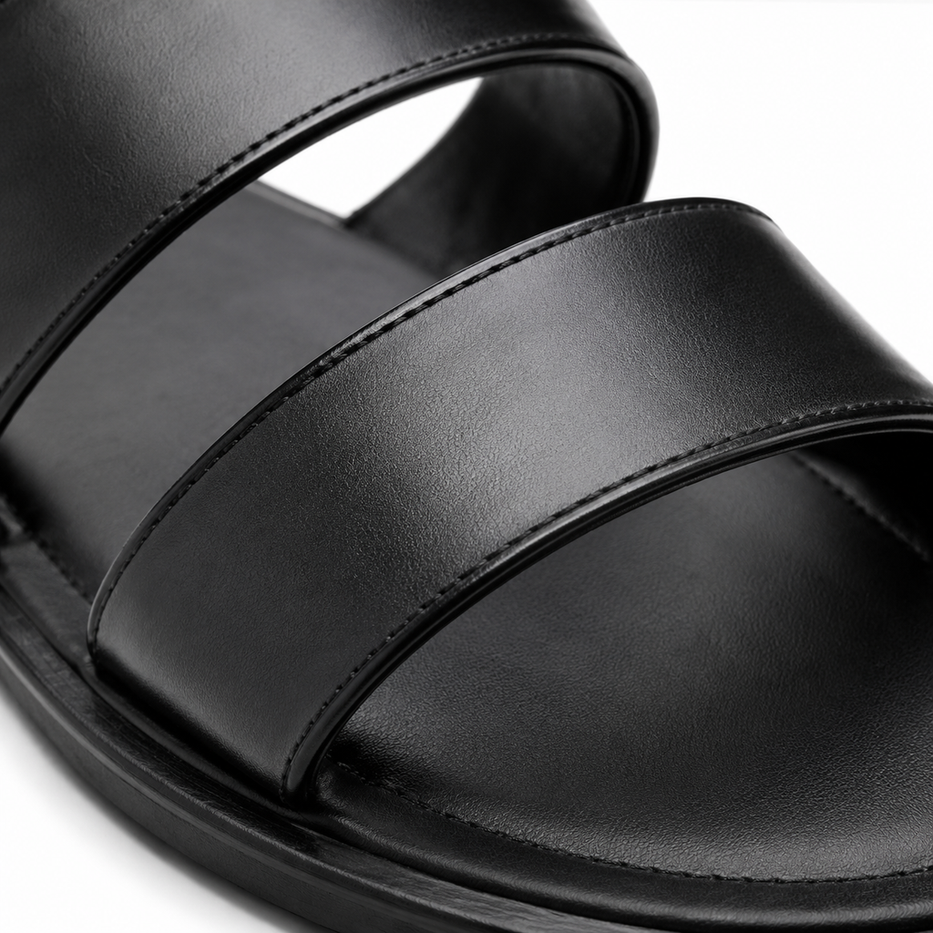 Black sandals with durable rubber sole.