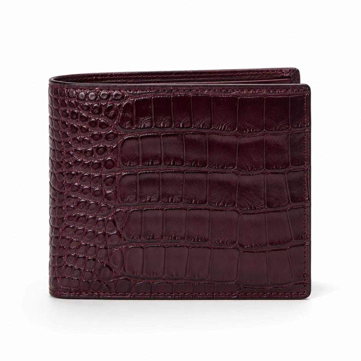 Front view of burgundy crocodile-embossed leather wallet.