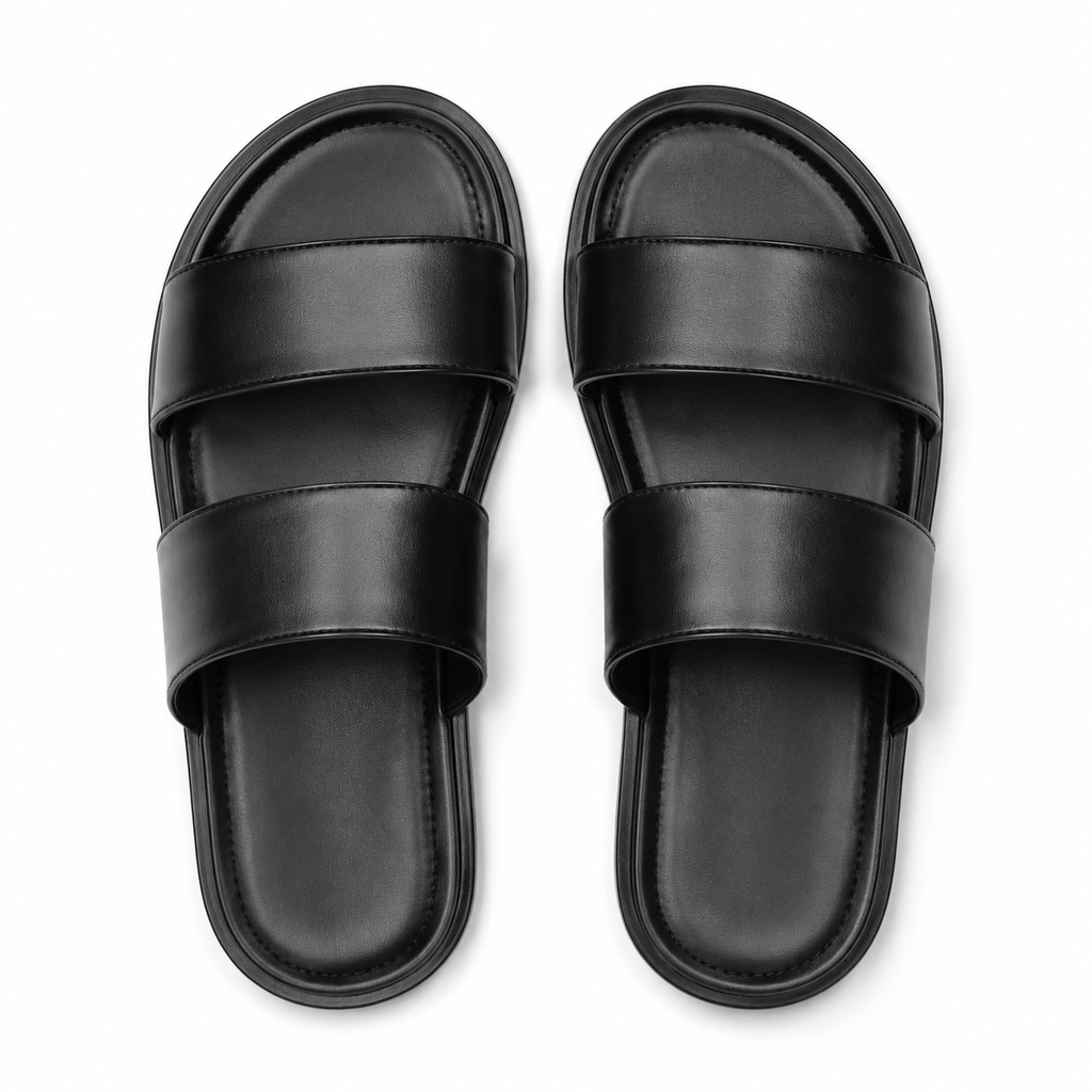 Black leather sandals with cushioned footbed.