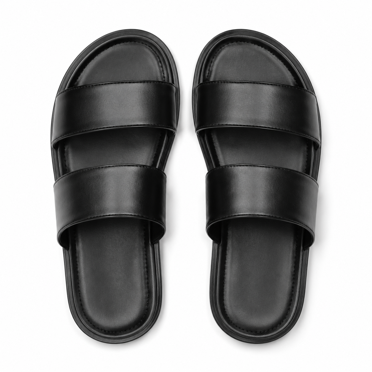 Black leather sandals with cushioned footbed.