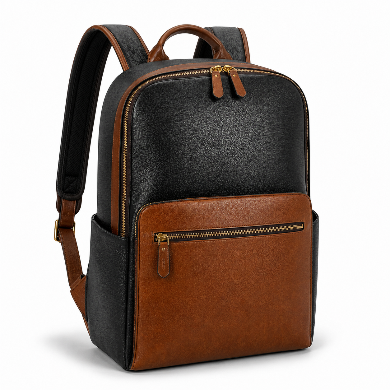Side view of dual-tone leather backpack with adjustable straps.