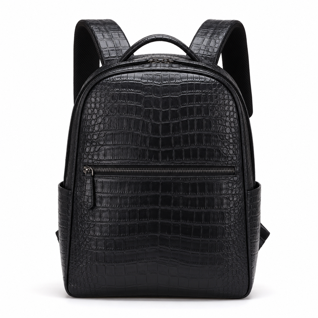 Front view of black crocodile-embossed leather backpack.