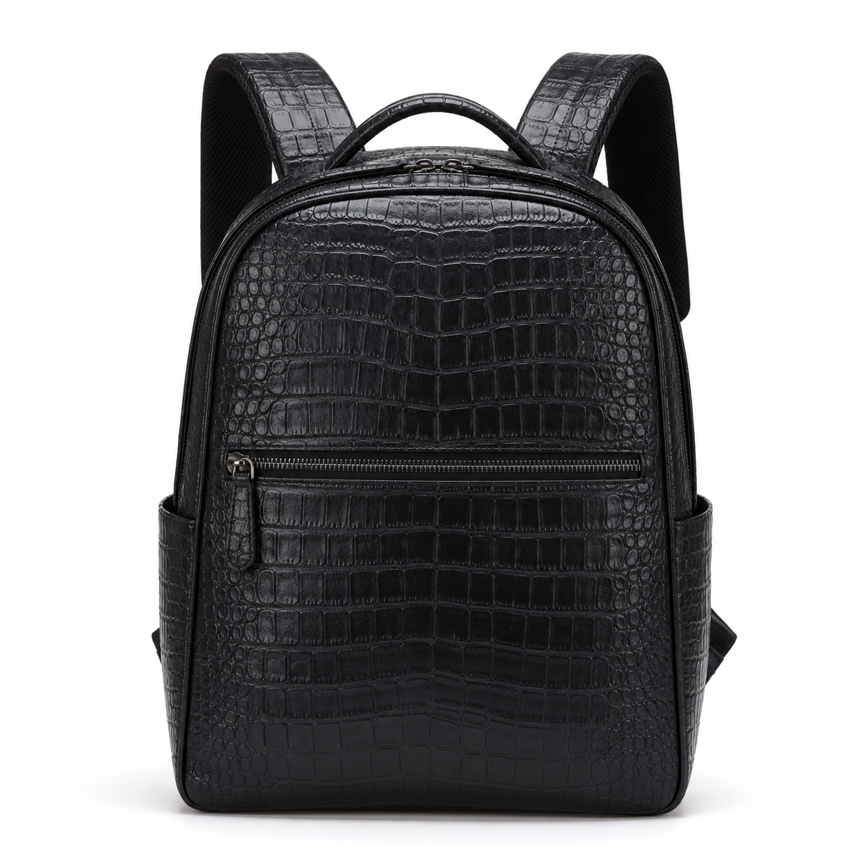 Front view of black crocodile-embossed leather backpack.