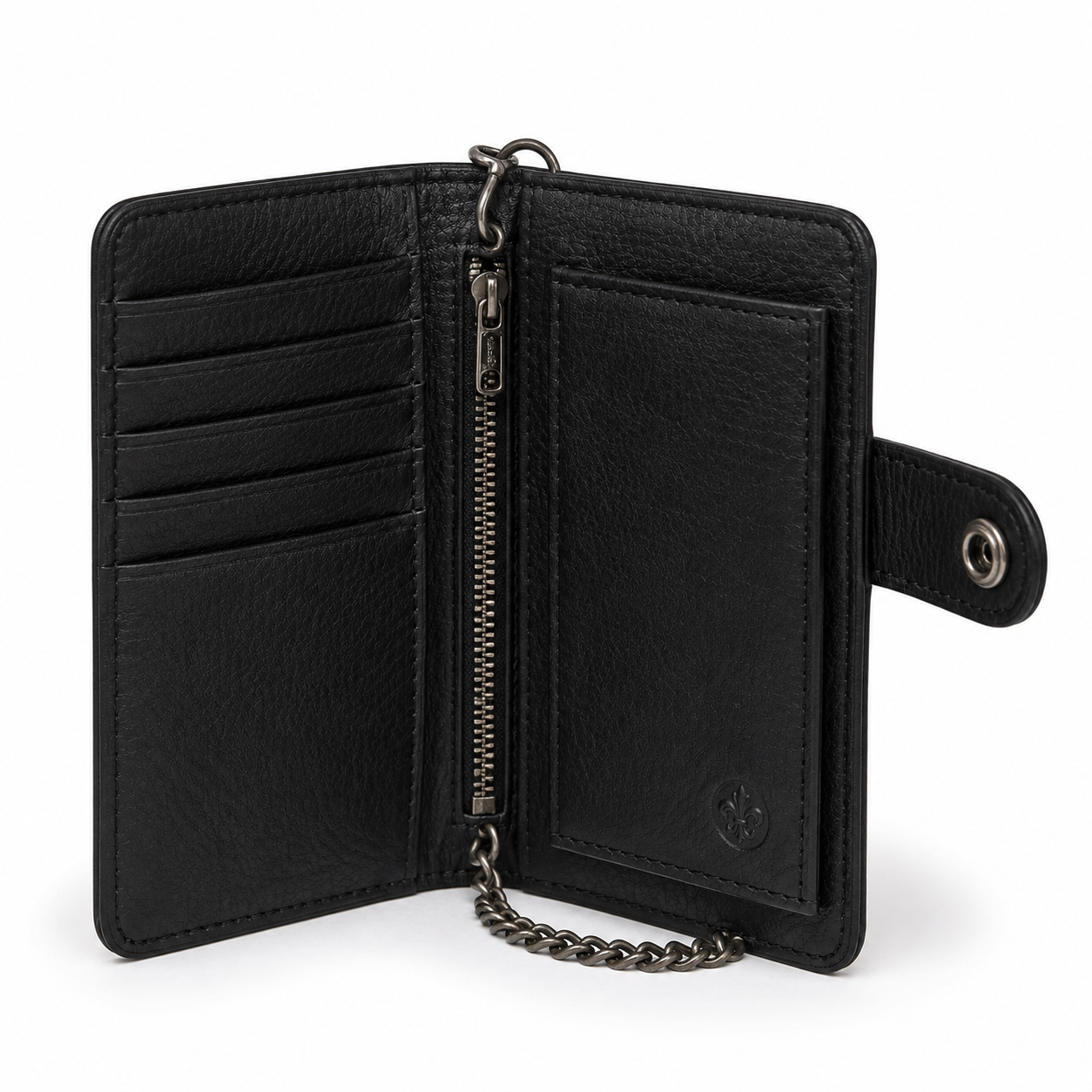 Back view of leather wallet with chain attachment.