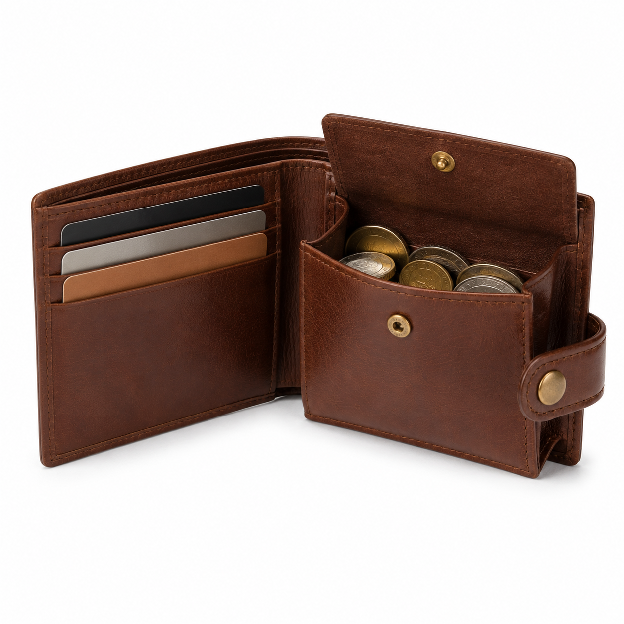 Brown wallet with snap closure, compact design.