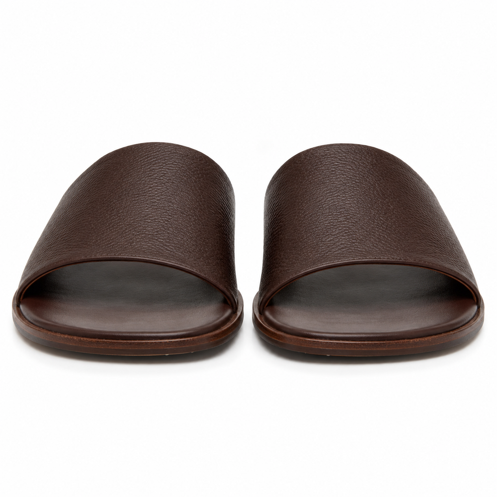 Front view of brown leather slide sandals