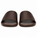 Front view of brown leather slide sandals