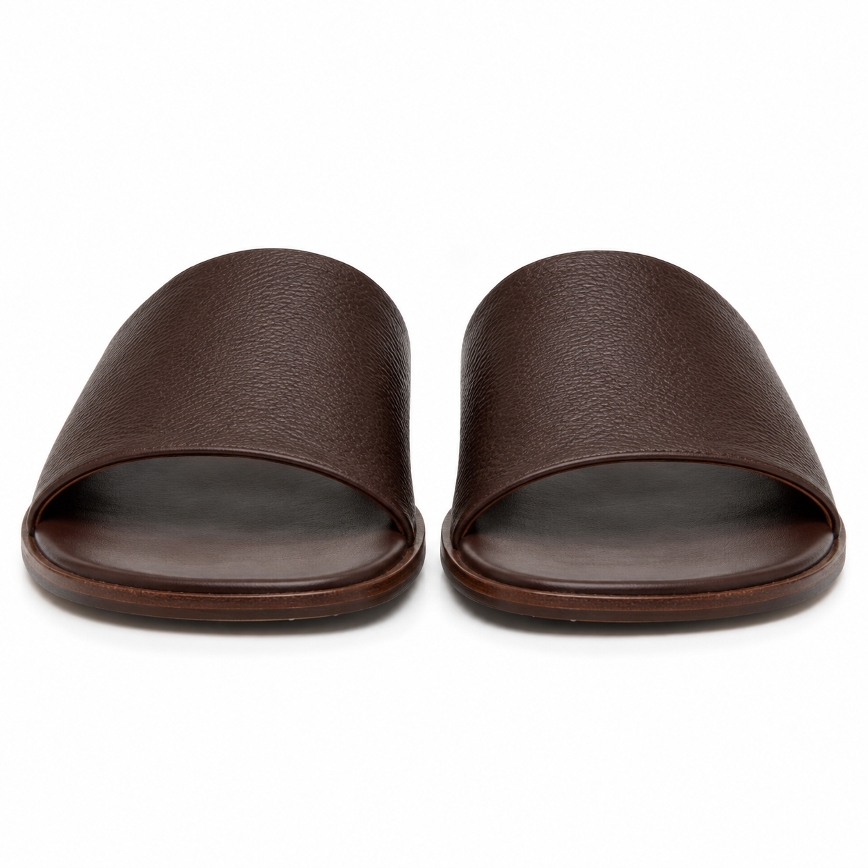 Front view of brown leather slide sandals