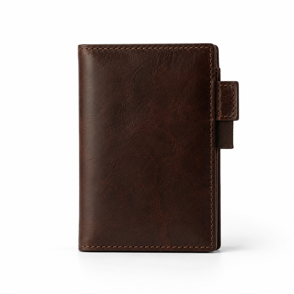 Front view of Modish-Vogue leather travel wallet in brown.