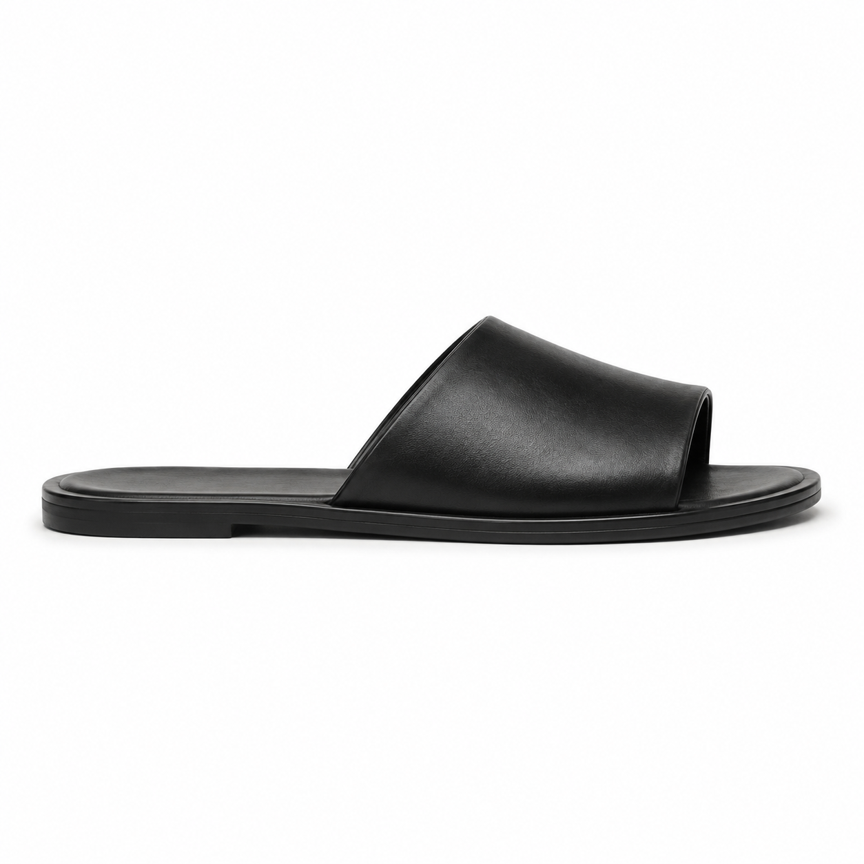 Top view of black leather slide sandals by Modish-Vogue.