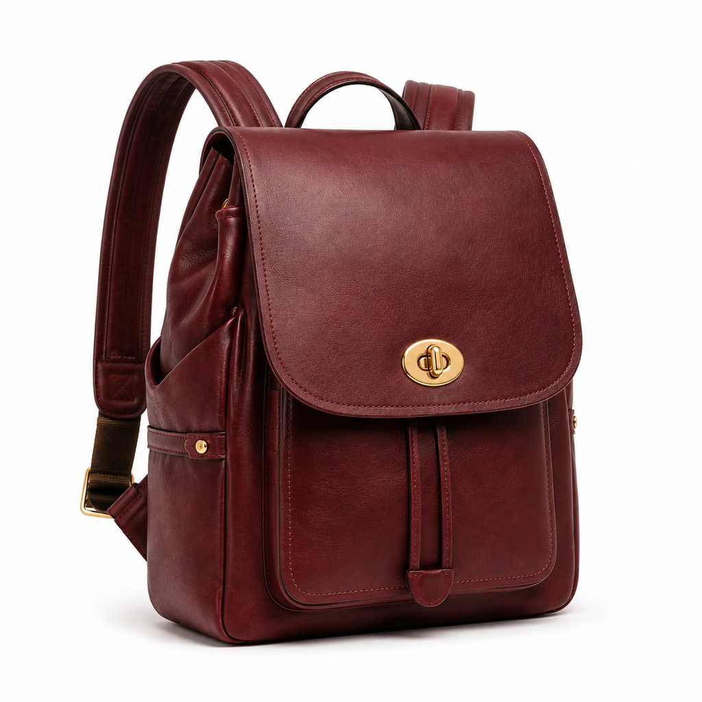 Side view of the leather backpack showcasing adjustable straps.