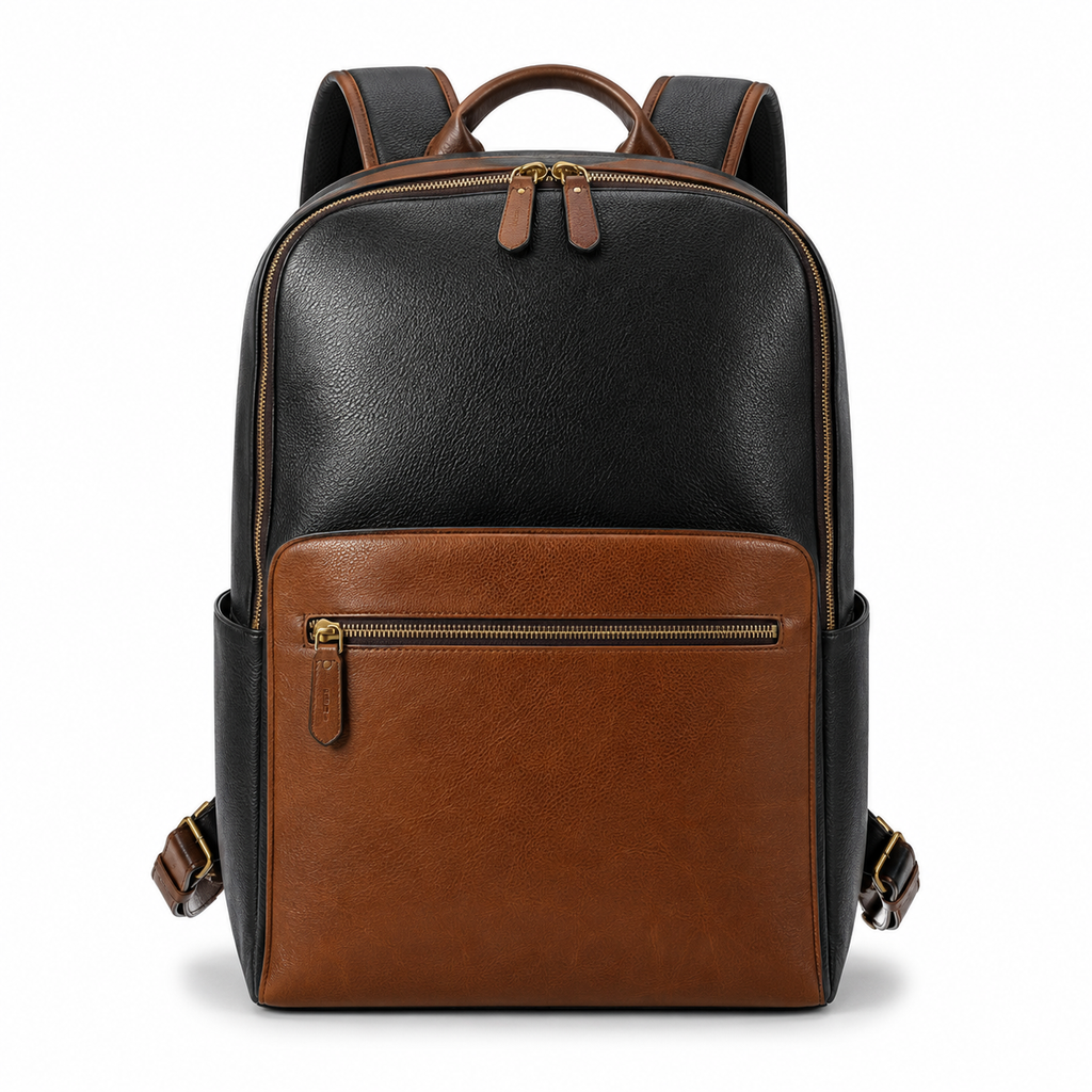 Front view of Modish-Vogue leather backpack in black and brown.