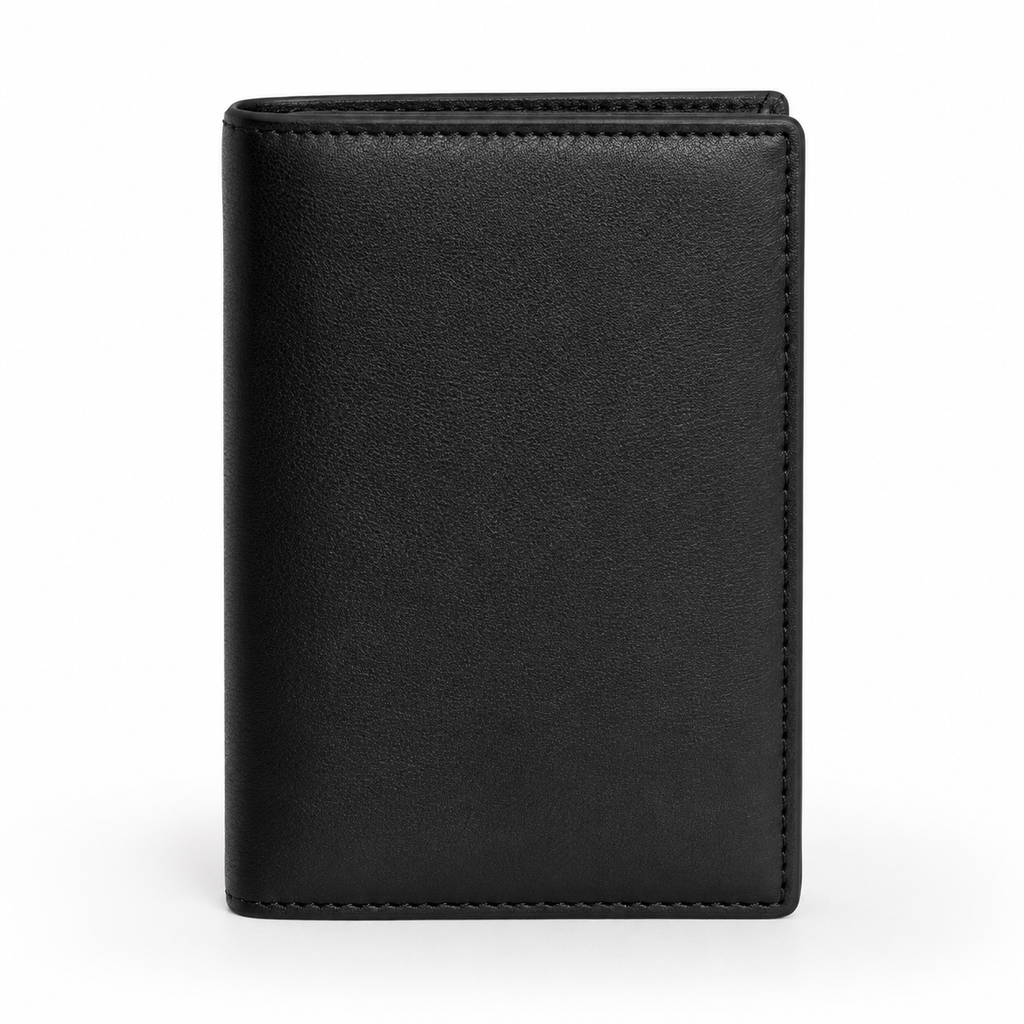 Front view of black leather bi-fold wallet.