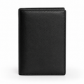 Front view of black leather bi-fold wallet.