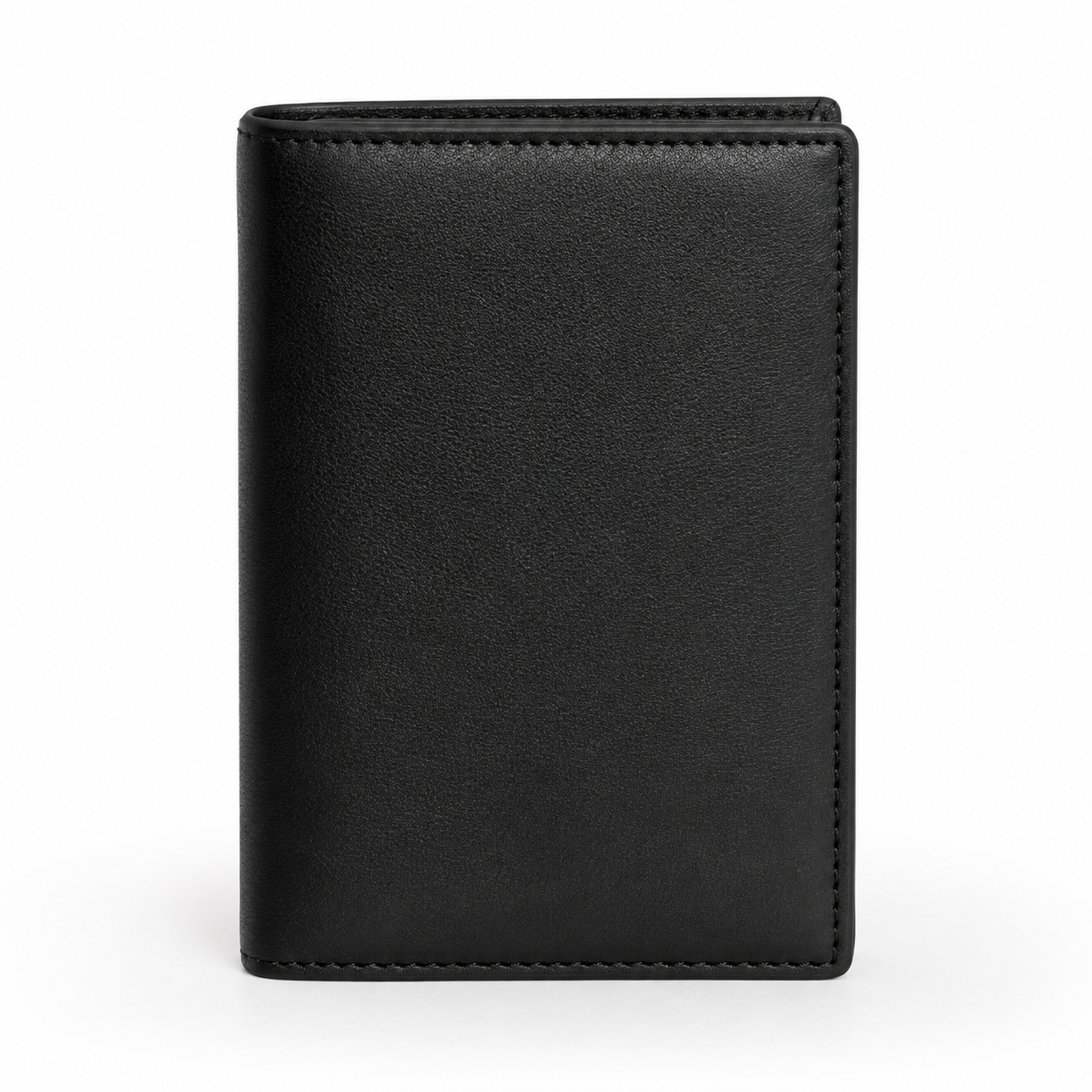 Front view of black leather bi-fold wallet.