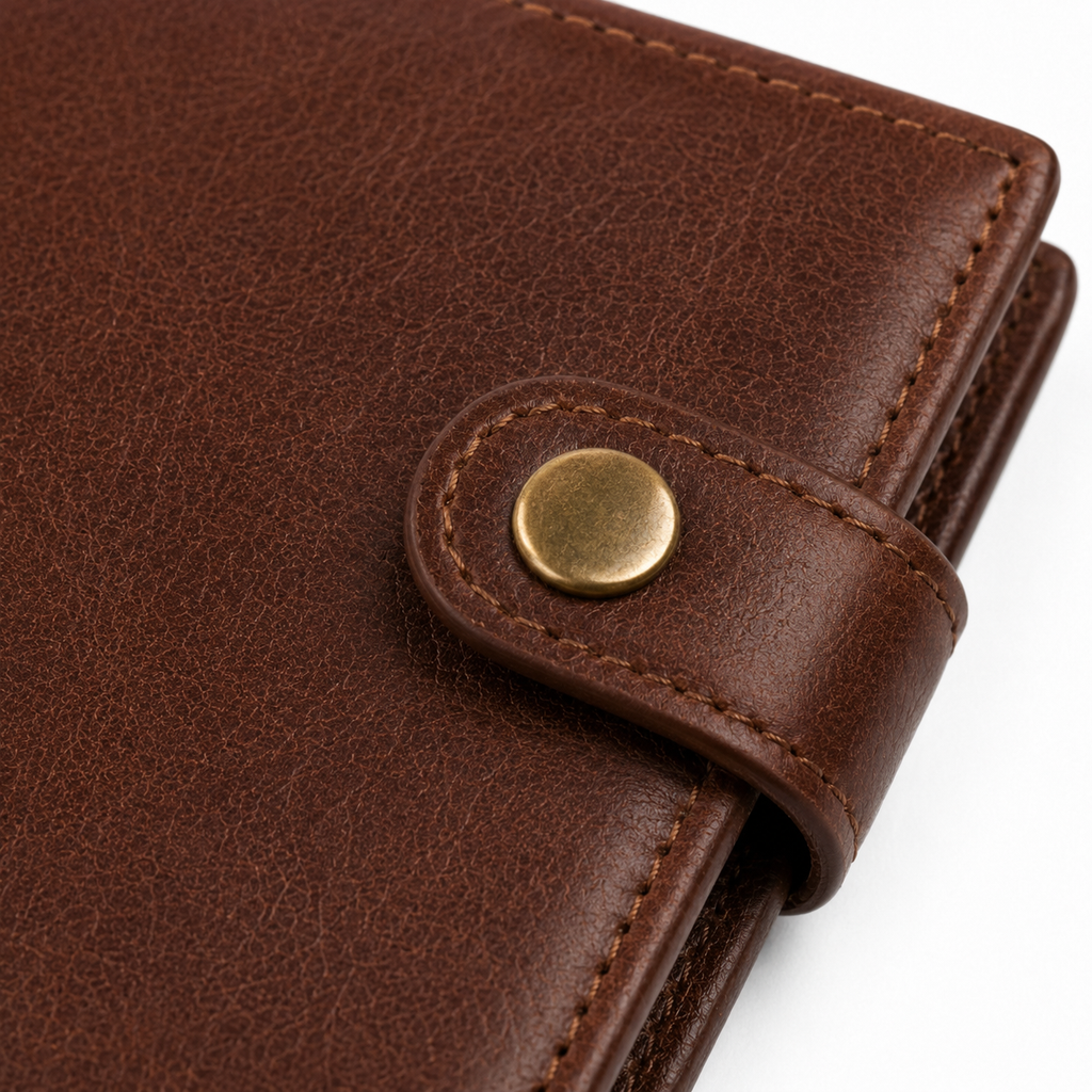 Side view of brown leather wallet with snap closure.