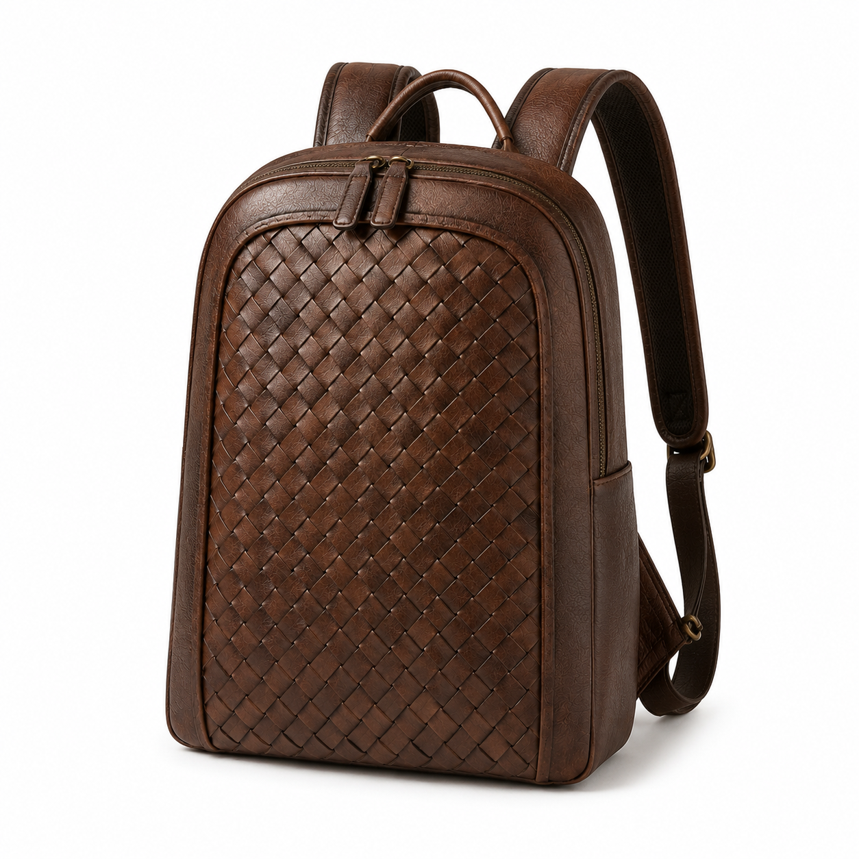 Side view of leather backpack showing adjustable straps