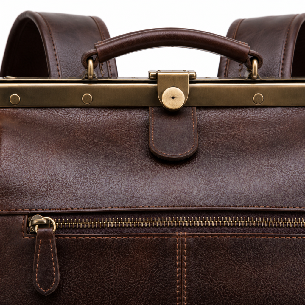 Detail of front zip pocket on the vintage leather backpack.