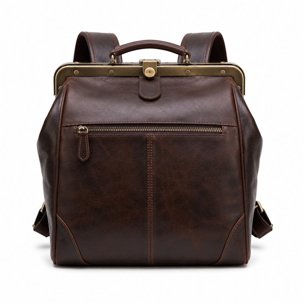 Front view of brown leather vintage backpack with brass frame.