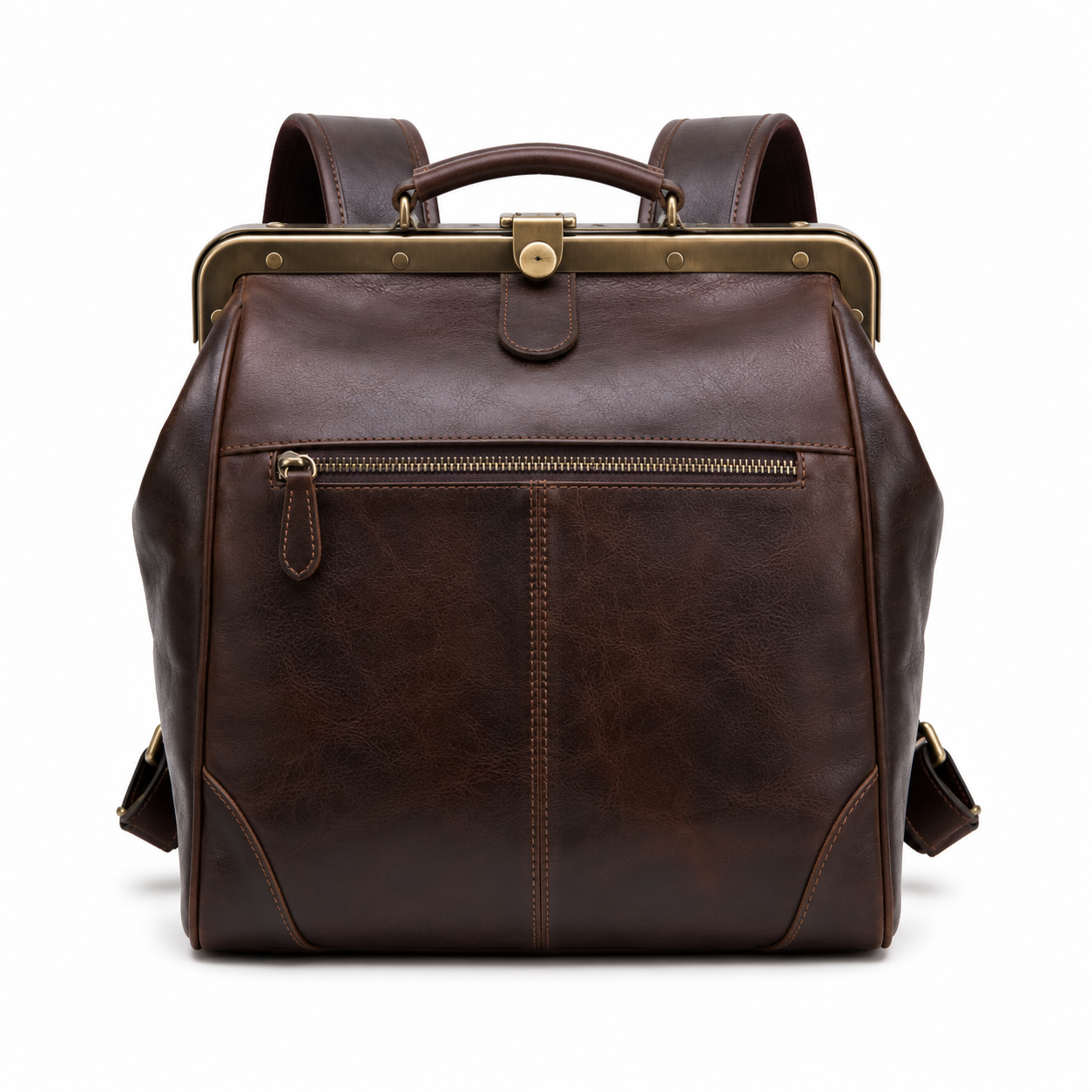 Front view of brown leather vintage backpack with brass frame.