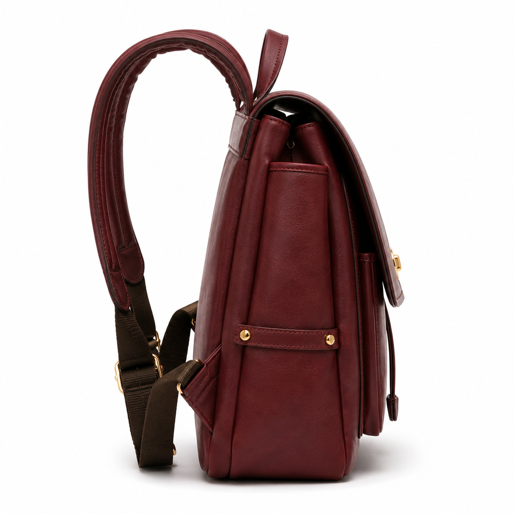 Close-up of gold turn-lock closure on the backpack.