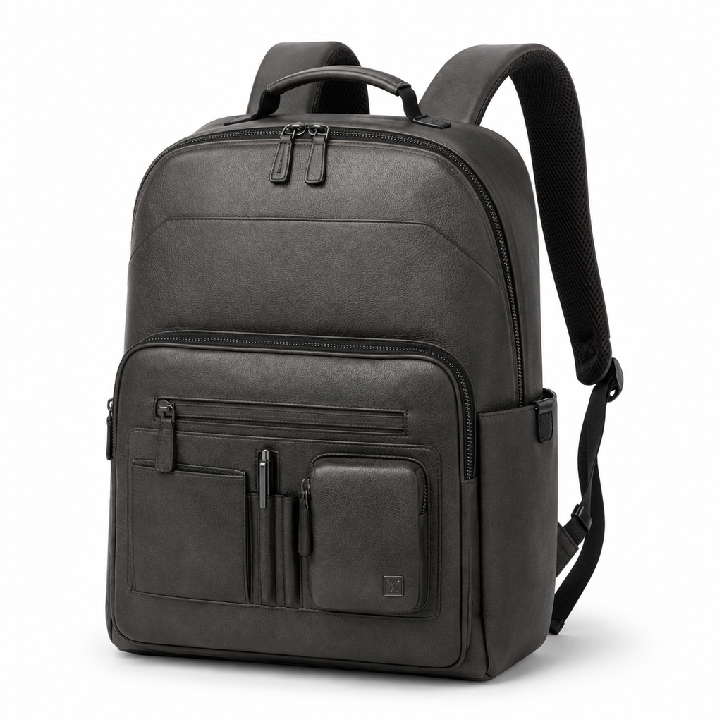 Side view showing adjustable straps of the leather backpack.