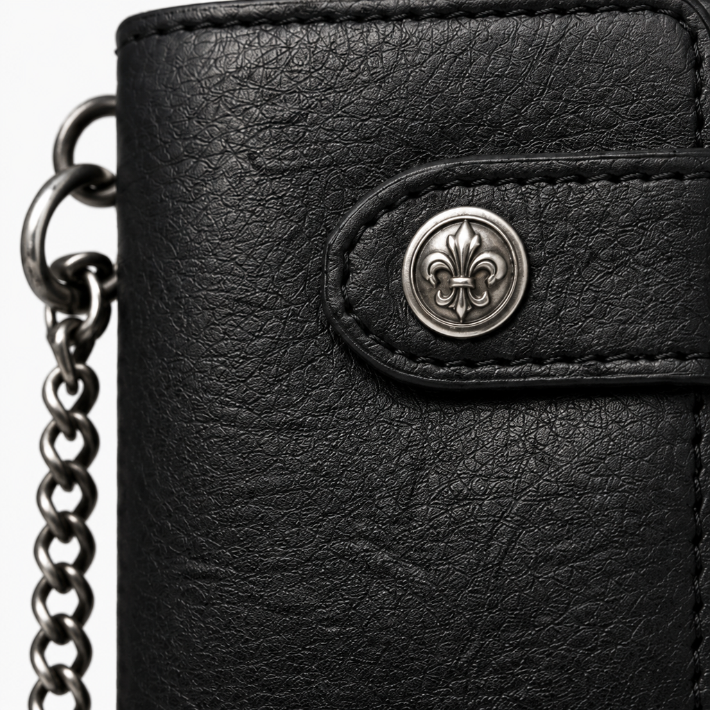 Detailed view of leather texture and stitching.
